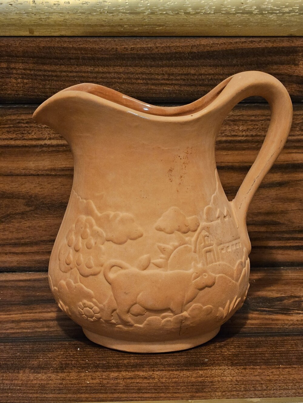 Vintage Terracotta Pitcher Relief Sunflower Country Farmhouse Clay Jug Vase VTG